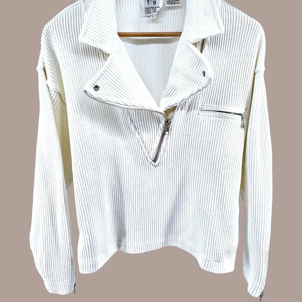 Vintage Together Ribbed Sweater Large Knit White Asymmetrical Zip Collared Moto - Picture 8 of 16